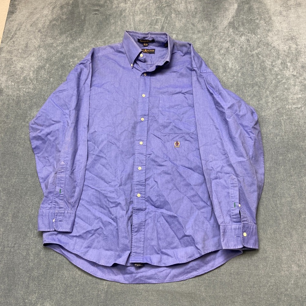 Vintage Tommy Hilfiger Dress Shirt Mens 15.5 34 Purple Long Sleeve Chest Pockets